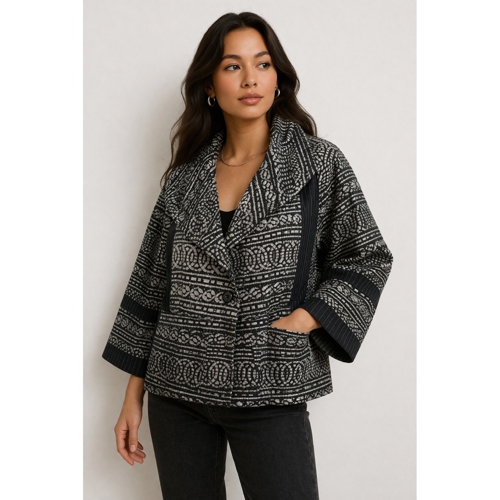 Burning‎ Torch Cropped Blazer Jacket Women M Boho Luxe Artisan Textured Recycled